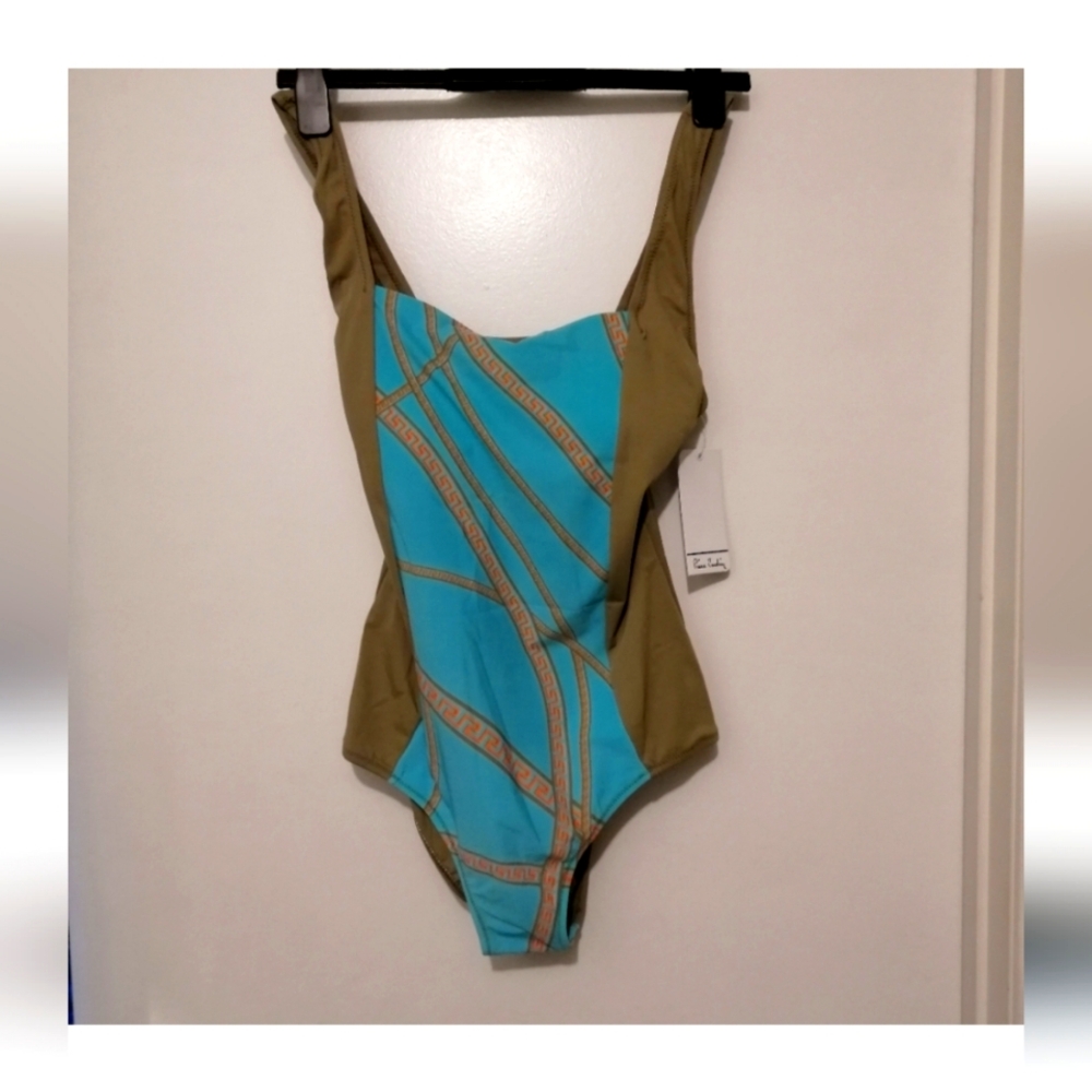 NWT Pierre Cardin One-Piece Blue Orange Olive Greek Pattern Swimsuit